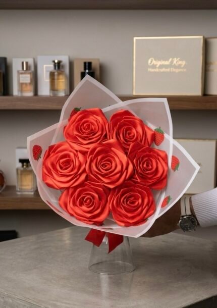 🍓 بوكيه "الفراولة" من الستان.. الأناقة✨