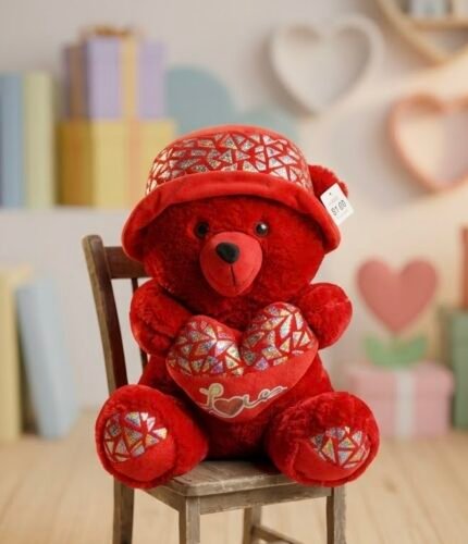 🐻♥️دبدوب الحب الأحمر الأنيق بقبعة وقلب برّاق (Red Love Teddy Bear)