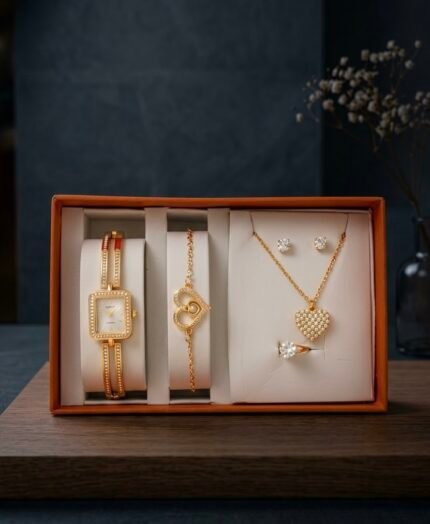 ✨طقم إكسسوارات نسائي فاخر بلون ذهبي - 5 قطع متناسقة (Luxury Jewelry Gift Set)