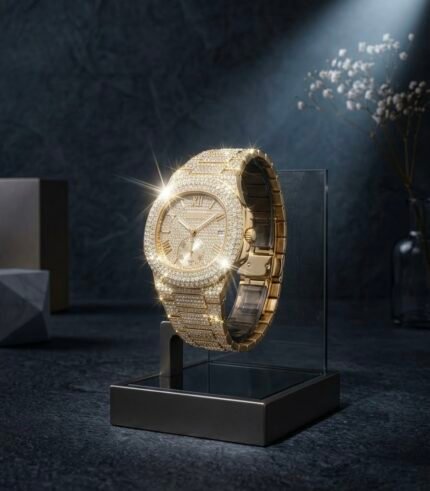 ✨ساعة ذهبية فاخرة مرصعة بالكريستال (Full Iced-Out Gold Watch)